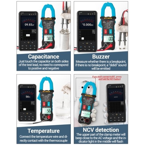 

ANENG True RMS Clamp Meter with App Remote Control Autoranging Digital Multimeter DC/AC Voltage Detector AC Amp Meter with Ohm Capacitance NCV Continuity Diode Hertz Temperature Tester for Professionals Air Conditioner