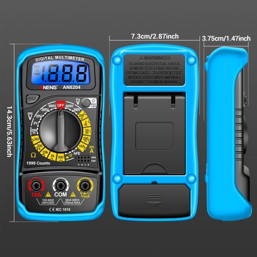 Multifunctional Multimeter 1999 Counts High-precision AC/DC Voltage DC Current Tester Diode Triode Resistance Measurement On/off Buzzer Detection with LCD Display Blue Backlight, Black 
