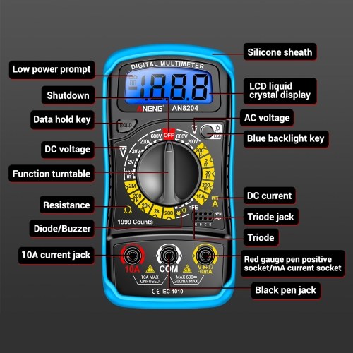 Multifunctional Multimeter 1999 Counts High-precision AC/DC Voltage DC Current Tester Diode Triode Resistance Measurement On/off Buzzer Detection with LCD Display Blue Backlight, Black 