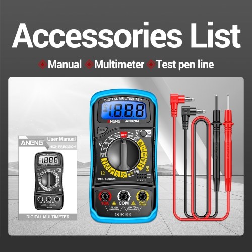 Multifunctional Multimeter 1999 Counts High-precision AC/DC Voltage DC Current Tester Diode Triode Resistance Measurement On/off Buzzer Detection with LCD Display Blue Backlight, Black 