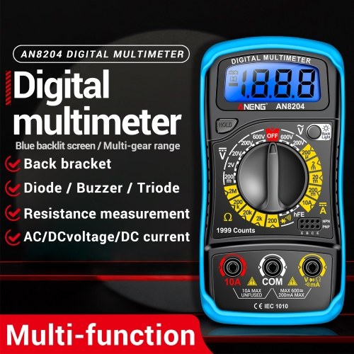 Multifunctional Multimeter 1999 Counts High-precision AC/DC Voltage DC Current Tester Diode Triode Resistance Measurement On/off Buzzer Detection with LCD Display Blue Backlight, Black 