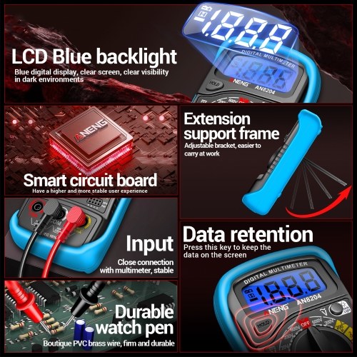 Multifunctional Multimeter 1999 Counts High-precision AC/DC Voltage DC Current Tester Diode Triode Resistance Measurement On/off Buzzer Detection with LCD Display Blue Backlight, Black 
