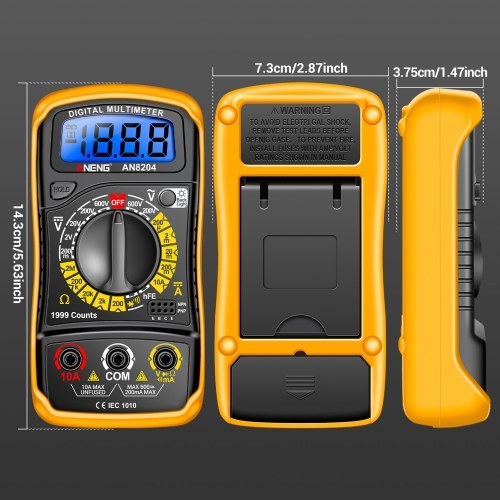Multifunctional Multimeter 1999 Counts High-precision AC/DC Voltage DC Current Tester Diode Triode Resistance Measurement On/off Buzzer Detection with LCD Display Blue Backlight, Black 