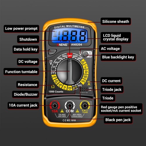 Multifunctional Multimeter 1999 Counts High-precision AC/DC Voltage DC Current Tester Diode Triode Resistance Measurement On/off Buzzer Detection with LCD Display Blue Backlight, Black 