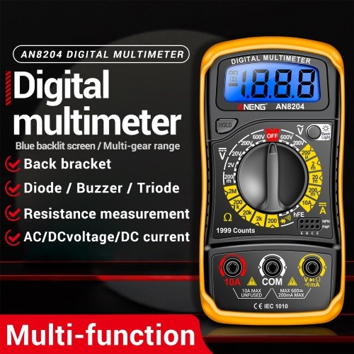 Multifunctional Multimeter 1999 Counts High-precision AC/DC Voltage DC Current Tester Diode Triode Resistance Measurement On/off Buzzer Detection with LCD Display Blue Backlight, Black 
