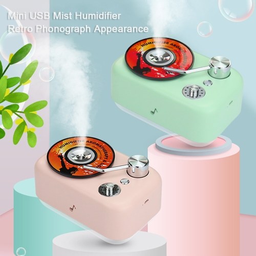 

KKmoon Mini USB Mist Humidifier Retro Phonograph Appearance Small Humidifiers with Night Light & Aroma Diffuser 300ml