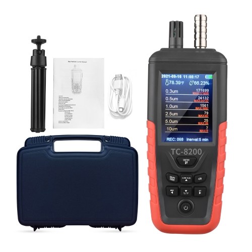 Dust Particle Counter 6-Channel 0.3um/ 0.5μm/ 1.0μm/ 2.5μm/ 5.0μm/ 10um PM2.5 PM10 Detector with 3.2-inch Backlight TFT Color Screen Air Quality Tester Temperature Humidity Monitor Home Office Industrial Use 