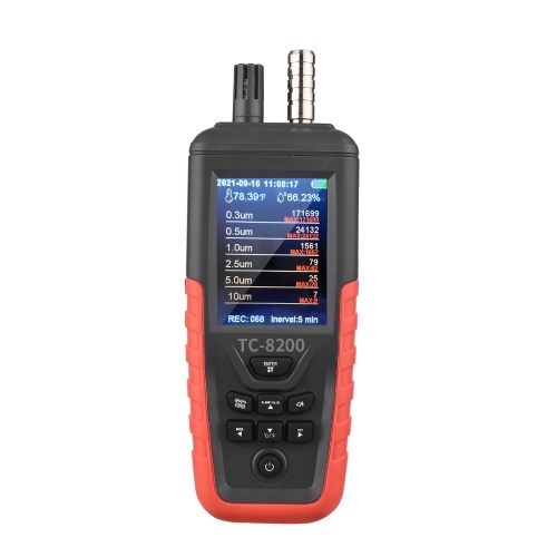 Dust Particle Counter 6-Channel 0.3um/ 0.5μm/ 1.0μm/ 2.5μm/ 5.0μm/ 10um PM2.5 PM10 Detector with 3.2-inch Backlight TFT Color Screen Air Quality Tester Temperature Humidity Monitor Home Office Industrial Use 