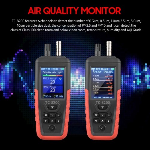 Dust Particle Counter 6-Channel 0.3um/ 0.5μm/ 1.0μm/ 2.5μm/ 5.0μm/ 10um PM2.5 PM10 Detector with 3.2-inch Backlight TFT Color Screen Air Quality Tester Temperature Humidity Monitor Home Office Industrial Use 