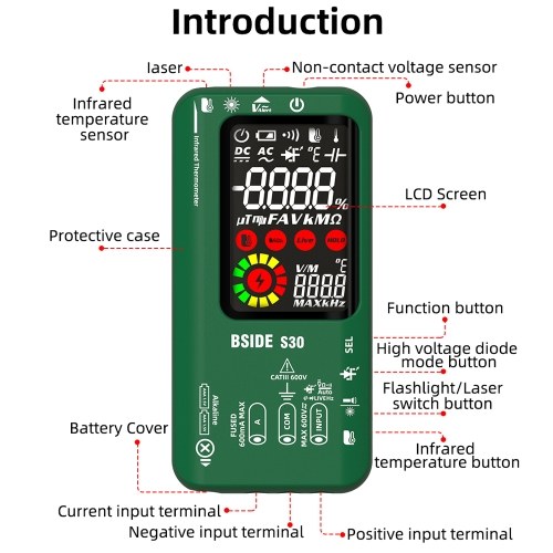 BSIDE 4in1 Digital Multimeter Infrared Thermometer Electric Test Pen Circuit Analyzer Detector 3.5inch LCD Color Display 