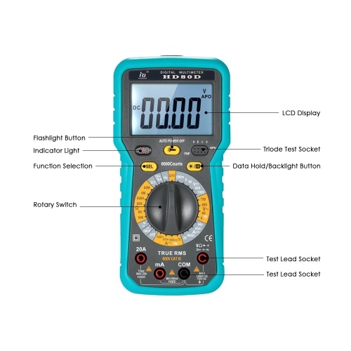 

Multi-functional Digital Multimeter DMM LCD with Backlight 6000 Counts Display True RMS AC/DC Voltage Current Meter Resistance Capacitance Frequency Tester