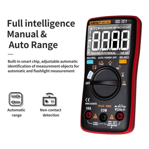 ANENG AN113D Digital Multimeter Electrical Meter 6000 Counts DC/AC Current Voltage Tester Meters True RMS Auto Ranging LCD Display Temperature Measurement 