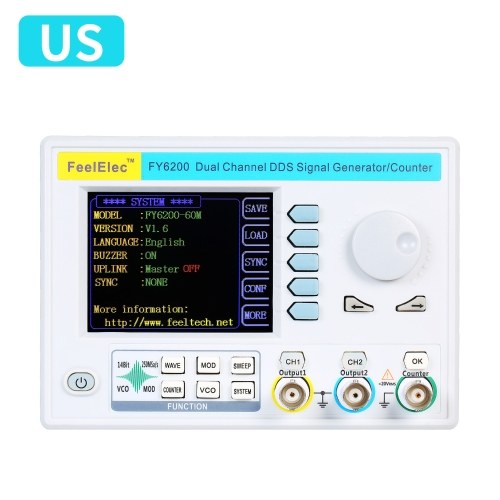 FeelElec FY6200-60M Generatore di segnale funzione 60MHz 3.2 "LCD digitale DDS Funzione doppio canale / generatore di forme d'onda arbitraria Sorgente del segnale impulso 250 MSa / s Frequenzimetro Generatore di segnali ad alta precisione VCO Burst AM / PM / FM / ASK / FSK / PSK Funzione generatore DDS Generatore di sorgente