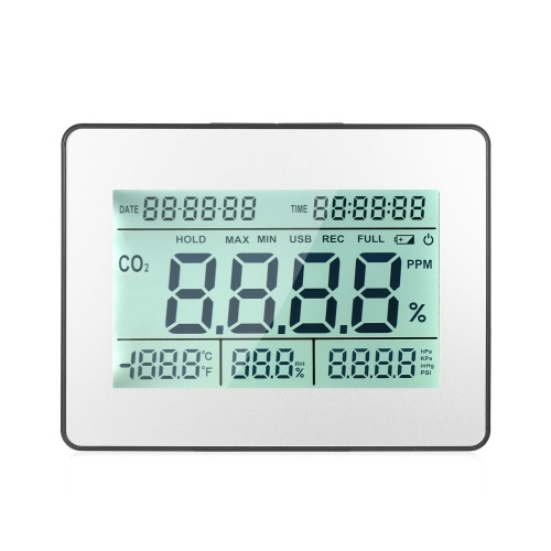 Carbon Dioxide Detector Air Quality Monitor Meter with Data Logging Clock Function 5.5-inch Large LCD Wall Mountable CO2 Detector Carbon Dioxide Indicator Multifunctional Tester Measuring CO2 Concentration & Temperature & Humidity & Barometric Pressure & Calendar & Time Display