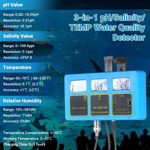 

110~120V Multi-functional Water Quality Monitor 3-in-1 PH/Salinity/TEMP Meter Rechargeable Water Quality Tester Detector PH & Salinity Monitor 0~14pH 0-199.9ppt Salinity -50~70℃ 10%~99%RH Temperature Meter Water Quality Analysis Device