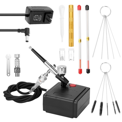 

Professional Airbrush Set for Model Making Art Painting with Air Compressor+Power Adapter+Airbrush+Airbrush Holder+0.2mmneedle+0.5mmneedle+0.2mm nozzle+0.5mm nozzle+G1/8 Fast-adapter+Wrench+Hose+Golden Airbrush-Needle Tool+Oil-water Separator+Dropper