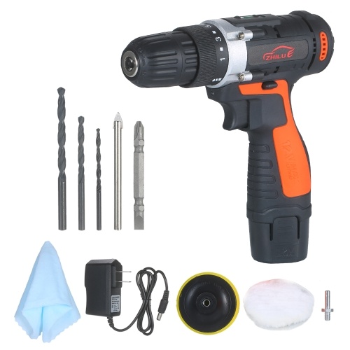 12V Cordless Drill / Driver Kit 1400rpm Variable Speed Polisher Car Buffer Waxer Set Power Screwdriver with Light Rechargeable with 5 Bits and 1 Wool Polishing Pad