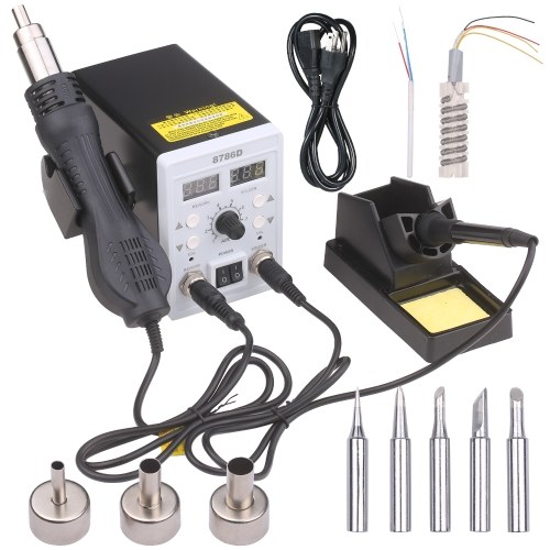 2 in 1 Dual Display Digital Soldering Station Hot Air Machine Soldering Iron Multifunctional Constant Temperature Rework Station Welding Set with Soldering Station + Hot Air Gun + Handpiece + Cartridge US Plug