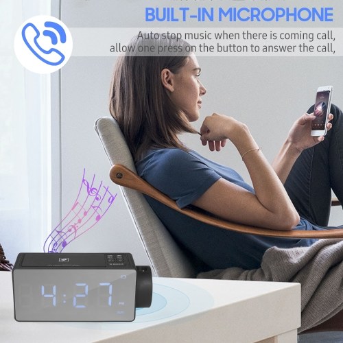 

Projection Alarm Clock with BT Speaker 180°Projector Wireless Charging Dual Alarms Snooze Large Mirror LED Display Dimmer for Bedroom Office