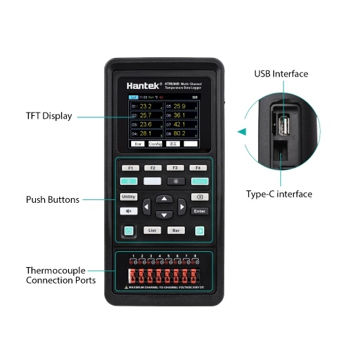 

Hantek HTM208B 8-канальный регистратор данных температуры Перезаряжаемый портативный прибор для регистрации температуры 2,8-дюймовый ЖК-цифровой многофункциональный тестер Многоканальный высокоточный регистратор данных