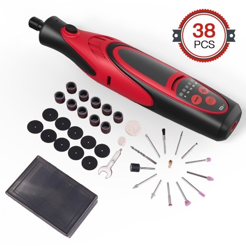 

Rechargeable Cordless Rotary Tool 7.4V Mini DIY Rotary Tool Kit Multi Tool Kit with 5 Various Speed 5000-25000rpm 4 LED Lights and 38pcs Accessories for Carving Engraving Sanding Polishing and Cutting