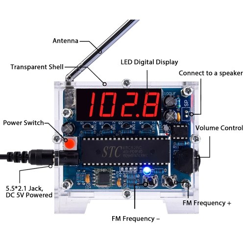 

LED Digital FM Radio DIY Kit SCM FM Radio Module Soldering Project Practice Kit 5W Speaker 87-108MHz Stepping Adjustment for Learning Teaching, AC 100-240V US Plug, Transparent Shell with Non-slip Feet