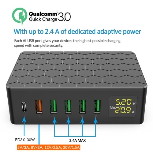 USB Charging Station 6-Port 65W QC3.0 USB Charger Station Multi Ports USB-A Charging Hub with LED Display Compact Desktop Charger for Multiple Devices