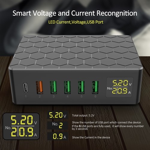 

Зарядная станция USB 6-портовая зарядная станция USB QC3.0 мощностью 65 Вт Несколько портов Зарядный концентратор USB-A со светодиодным дисплеем Компактное настольное зарядное устройство для нескольких устройств