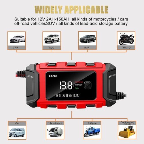 E-FAST Car Battery Chargers 12V/6A Full Automatic Battery Chargers Maintainer Portable Trickle Chargers Battery Desulfator for Car Motorcycle Leadacid Battery 