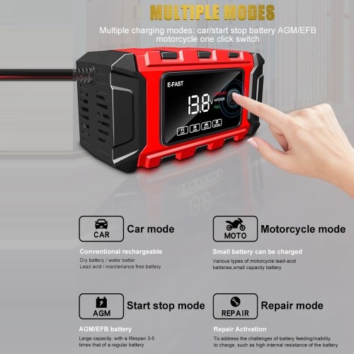 E-FAST Car Battery Chargers 12V/6A Full Automatic Battery Chargers Maintainer Portable Trickle Chargers Battery Desulfator for Car Motorcycle Leadacid Battery 