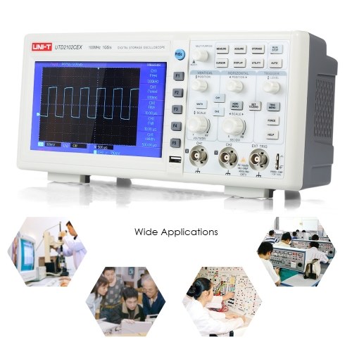 

UNI-T UTD2102CEX Осциллограф Осциллометр Цифровой запоминающий осциллограф 2CH 100 МГц 1GS / s 7 "TFT-дисплей