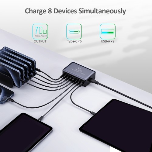 70W 8 Ports USB Type-C Charger Quick Charge Desktop Charging Station For Smart Phone Headphone Watch PD20W Fast Charger Hub 