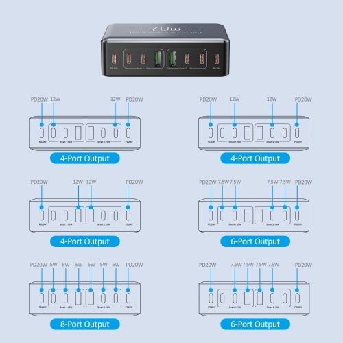 70W 8 Ports USB Type-C Charger Quick Charge Desktop Charging Station For Smart Phone Headphone Watch PD20W Fast Charger Hub 