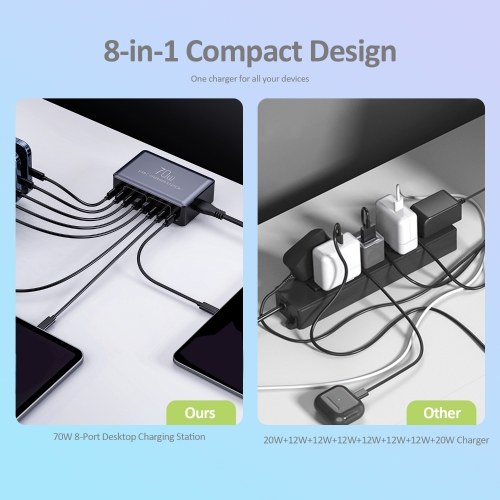 70W 8 Ports USB Type-C Charger Quick Charge Desktop Charging Station For Smart Phone Headphone Watch PD20W Fast Charger Hub 