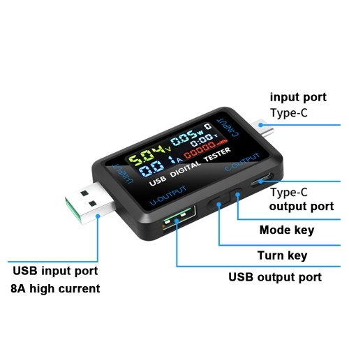 Multi-function USB Voltage Current Test Meter Digital IPS Display Capacity Tester Power Tester Digital Voltmeter Electrical Appliances Detection Device Support 9 Groups of Measurement Data Storage Function 