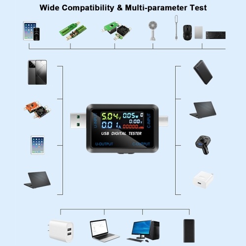 Multi-function USB Voltage Current Test Meter Digital IPS Display Capacity Tester Power Tester Digital Voltmeter Electrical Appliances Detection Device Support 9 Groups of Measurement Data Storage Function 