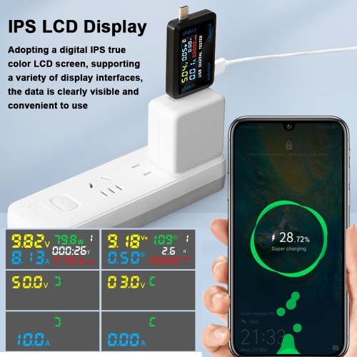 Multi-function USB Voltage Current Test Meter Digital IPS Display Capacity Tester Power Tester Digital Voltmeter Electrical Appliances Detection Device Support 9 Groups of Measurement Data Storage Function 