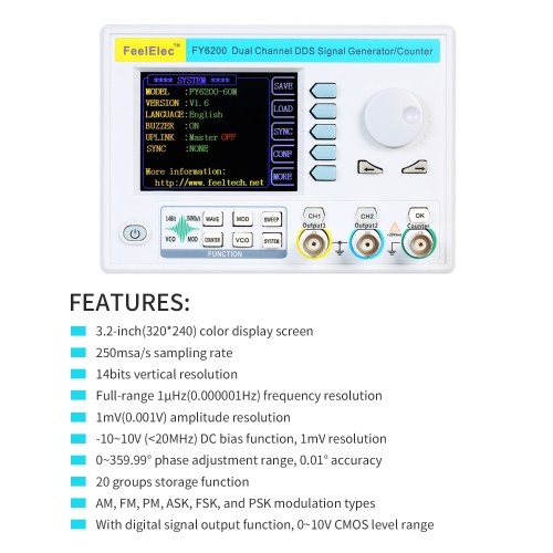 

FeelElec FY6200-20M 20MHz Function Signal Generator 3.2" LCD Digital DDS Dual-channel Function