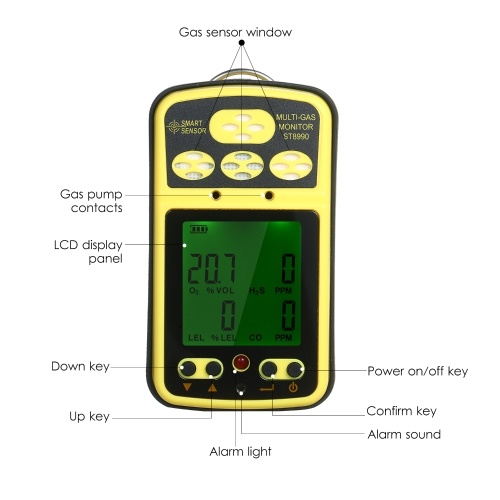 SMART SENSOR  ST8990 Multi Gas Monitor Rechargeable 4 in 1 O₂ LEL CO H₂S Gas Detector Tester Sensor with Backlight Alarm Function LCD Display 