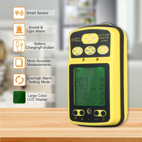 SMART SENSOR  ST8990 Multi Gas Monitor Rechargeable 4 in 1 O₂ LEL CO H₂S Gas Detector Tester Sensor with Backlight Alarm Function LCD Display 