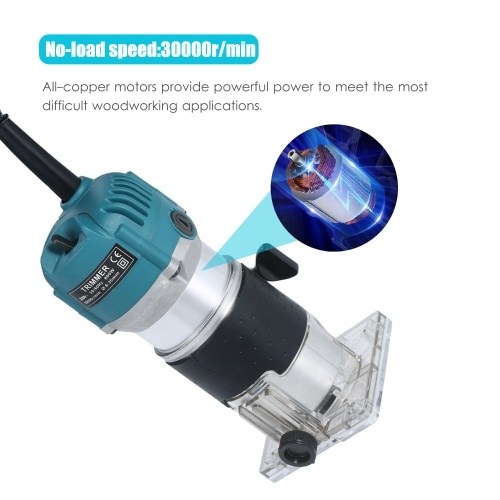 

220V 800W Trim Router 30000r/min with Transparent Base Edge Guide Wood Laminate Electric Trimmer Compact Palm Router Corded for Woodworking Trimming Slotting Notching / Aluminum Blue