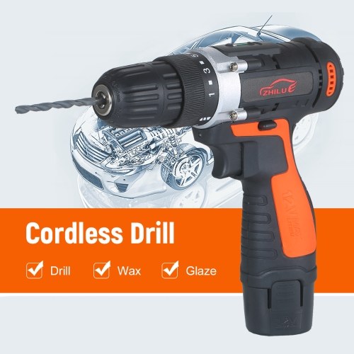 

12V Cordless Drill / Driver Kit 1400rpm Variable Speed Polisher Car Buffer Waxer Set Power Screwdriver with Light Rechargeable with 5 Bits and 1 Wool Polishing Pad