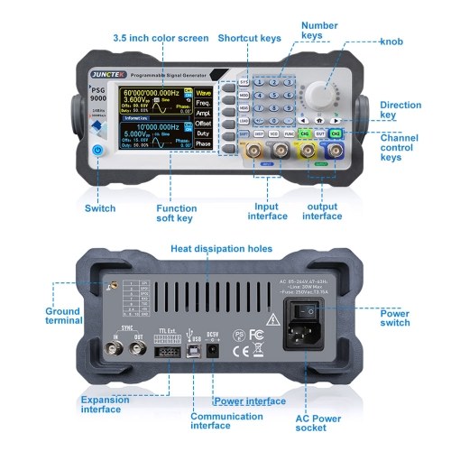 

PSG9060 3.5 Inch TFT Color LCD Display Screen 300MSa/ S Sampling Rate Dual Channel Signal Generator AM FM PM ASK FSK PSK Modulation Waveform Programmable Signal Generators Waveform Output Utility Multifunction Tools