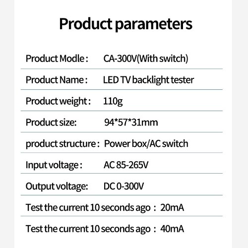 CA-300V Portable LED Lamp Beads Light Bar TV Backlight Tester LED Strips Beads Lamp Board Test Tool Capacitance Diode Voltage Testing with Switch 