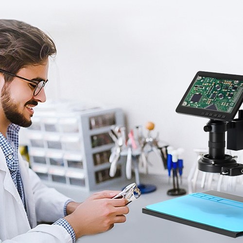 26MP 1080P 7 Inch LCD Video Microscope with 150X C Mount Lens Electronic Microscope Camera with Metal Stand Adjustable LED Rings Light Professional Repairs Tools 