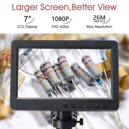 26MP 1080P 7 Inch LCD Video Microscope with 150X C Mount Lens Electronic Microscope Camera with Metal Stand Adjustable LED Rings Light Professional Repairs Tools 