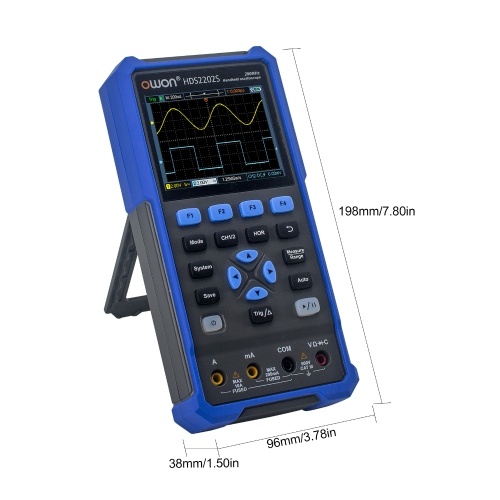 OWON HDS2202S 3 in 1 Handheld Digital Oscilloscope Multimeter Waveform Generator 200MHz 1GSa/s Dual Channels Oscilloscope True RMS 20000 Counts Multi Tester 3.5-inch Color LCD Rechargeable Type-C Interface 