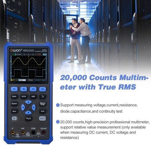 OWON HDS2202S 3 in 1 Handheld Digital Oscilloscope Multimeter Waveform Generator 200MHz 1GSa/s Dual Channels Oscilloscope True RMS 20000 Counts Multi Tester 3.5-inch Color LCD Rechargeable Type-C Interface 