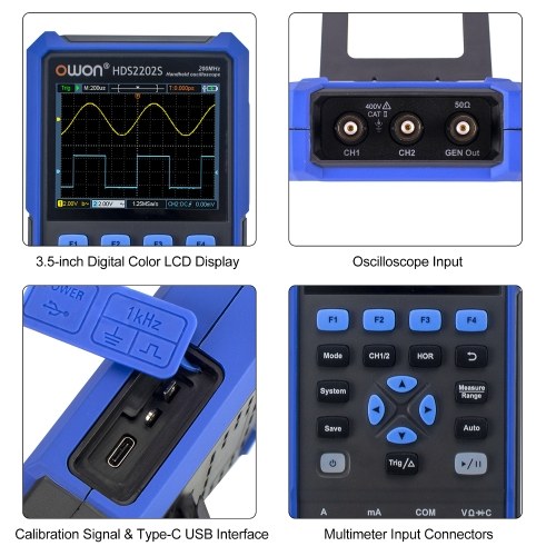 OWON HDS2202S 3 in 1 Handheld Digital Oscilloscope Multimeter Waveform Generator 200MHz 1GSa/s Dual Channels Oscilloscope True RMS 20000 Counts Multi Tester 3.5-inch Color LCD Rechargeable Type-C Interface 