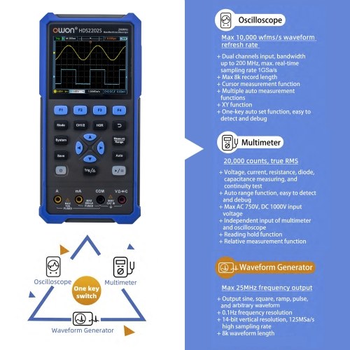 OWON HDS2202S 3 in 1 Handheld Digital Oscilloscope Multimeter Waveform Generator 200MHz 1GSa/s Dual Channels Oscilloscope True RMS 20000 Counts Multi Tester 3.5-inch Color LCD Rechargeable Type-C Interface 